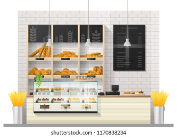 Interior scene of modern bakery shop with display counter , vector , illustration