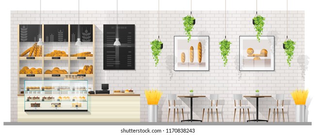 Interior scene of modern bakery shop with display counter , tables and chairs , vector , illustration