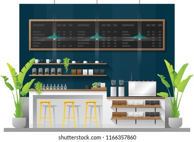 Interior scene of modern coffee shop counter bar , vector , illustration