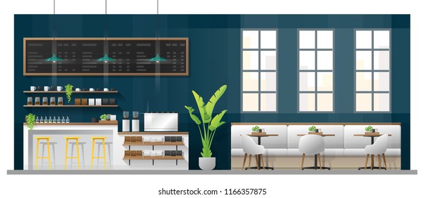 Interior scene of modern coffee shop with counter bar , tables and chairs , vector , illustration