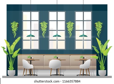 Interior scene of modern restaurant with tables and chairs for customer , vector , illustration