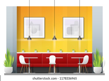 Interior scene of modern restaurant with tables and chairs for customer , vector , illustration