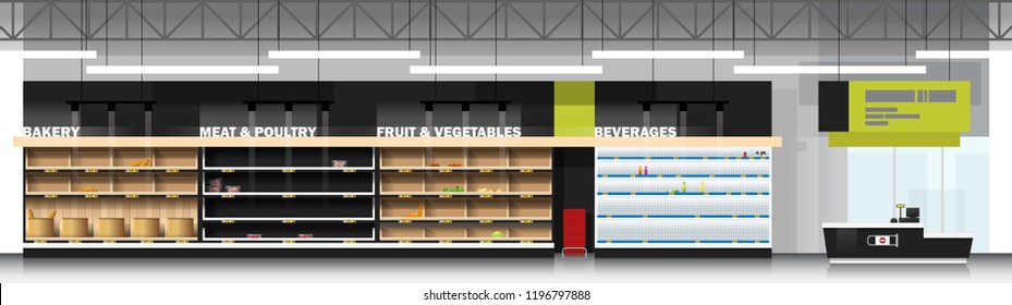 Interior scene of modern supermarket with empty shelves and cashier counter , vector , illustration