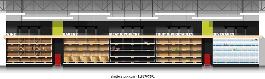 Interior scene of modern supermarket with empty shelves , vector , illustration