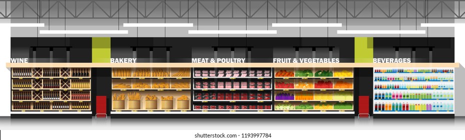 Interior scene of modern supermarket with products , vector , illustration