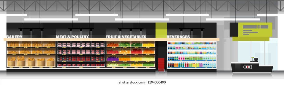 Interior scene of modern supermarket with products and cashier counter , vector , illustration