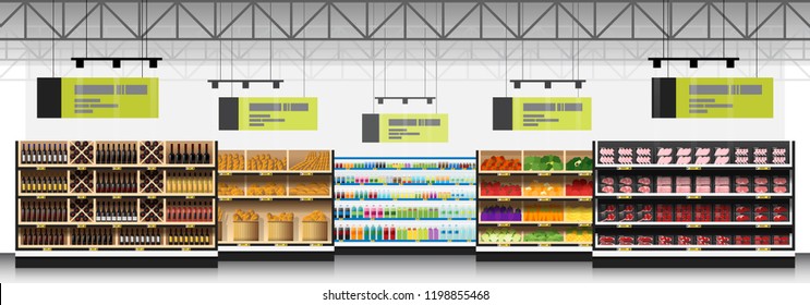 Interior scene of modern supermarket with products background , vector , illustration