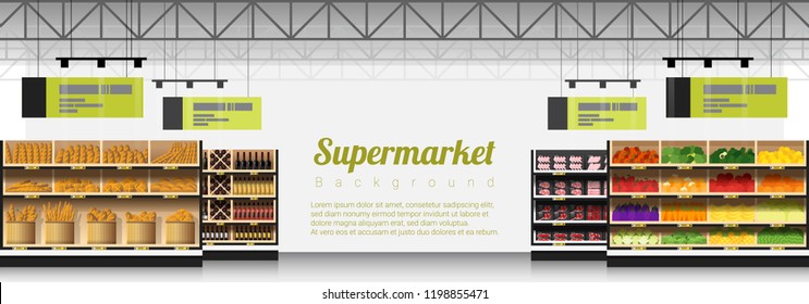 Interior scene of modern supermarket with products background , vector , illustration