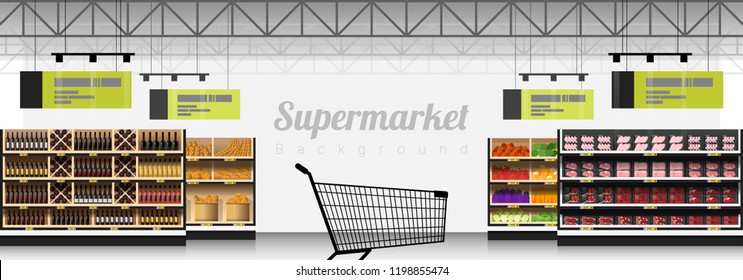 Interior scene of modern supermarket with products background , vector , illustration