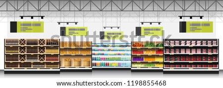 Interior scene of modern supermarket with products background , vector , illustration