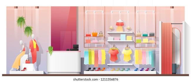 Interior scene of modern women clothing store , vector , illustration