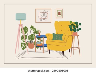 Interior scene for new home greeting card, print, poster, or housewarming party invitation. New place to live in postcard with armchair, wall art, floor lamp, potted plants. Flat vector illustration.