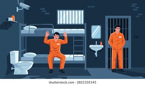 Interior scene of a prison cell with inmates in orange uniforms, bunk beds, and a security camera for law and justice.