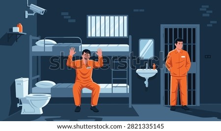 Interior scene of a prison cell with inmates in orange uniforms, bunk beds, and a security camera for law and justice.