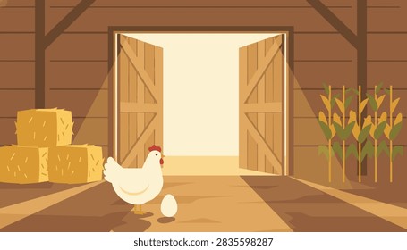 Interior scene of a rustic barn with a white chicken and an egg on the floor, hay bales, and tall corn stalks.
