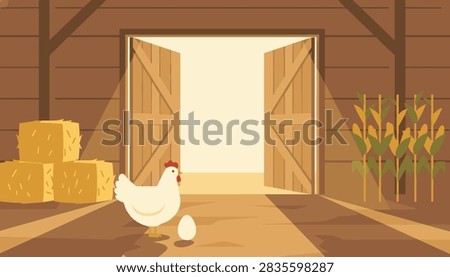 Interior scene of a rustic barn with a white chicken and an egg on the floor, hay bales, and tall corn stalks.
