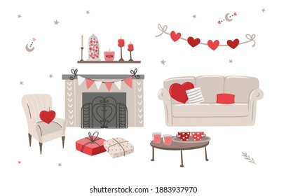 Interior scene set for Valentine's day in boho trendy hand drawn style. Boho Valentine's day vector drawing. Chimney, armchair, heart, presents, candle