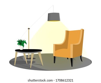 Interior scene. Vector illustration. Armchair and coffee table with books. Cozy room.