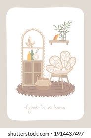 Interior scene with wicker boho furniture. Cozy home, shelf, rack, armchair, carpet, plants. Mid century modern furniture. Trendy scandinavian hygge living room interiors. Flat vector card, poster