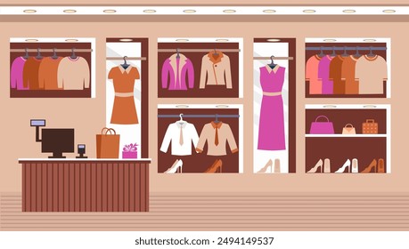 Interior scene of women clothing store, Boutique interior of women's clothes fashion, tailor shop, interior building.marketing.  Doodle flat vector illustration.