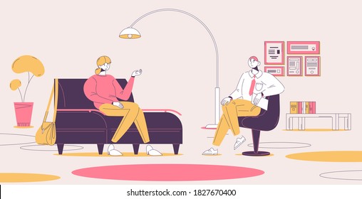 Interior scene with young woman at psychotherapy. People at psychotherapist consultation concept drawn in pink and yellow. Comfortable sofa, books and greenery. Smiling characters during doctor visit