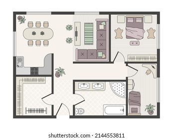 Interior scheme. Top view for modern furniture for decoration interior recent vector building design documents templates