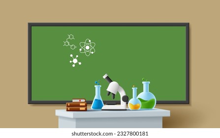 Interior del laboratorio químico escolar con mesa y tabla, microscopio, frascos y tubos. Experimento en clase de química en la escuela. 3.ª ilustración