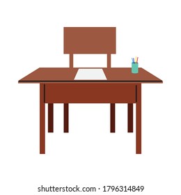 Interior de la sala de clases escolares con diseño de ilustración de vector de escritorio