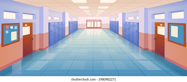 Interior school corridor with doors and lockers vector illustration. Empty school or college hallway. Vector cartoon illustration.