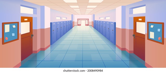 Interior school corridor with doors and lockers vector illustration. Empty school or college hallway. Vector cartoon illustration.