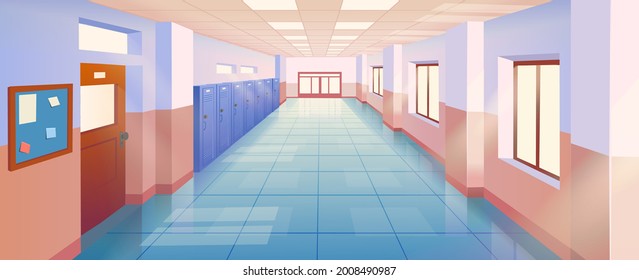 Interior school corridor with doors and lockers vector illustration. Empty school or college hallway. Vector cartoon illustration.