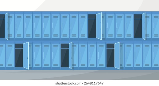 Interior de um corredor escolar ou vestiário com armários para coisas. Educação, esportes.