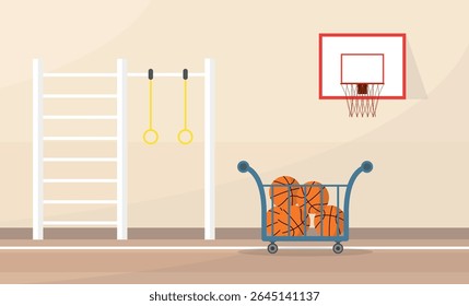 Interior of a school gym with a wall bars, a basketball cart with balls and a basketball hoop.