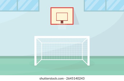 Interior of a school gymnasium with football goals and a basketball hoop.