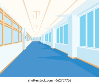 Inneneinrichtung des Schulsaals mit blauem Boden, Fenstern und Säulen. Vektorgrafik. Korridor der Universität oder Universität. Einfache Perspektive des leeren Raumes. Suchen Sie nach Ihren Kunstwerken oder Ihrem Design.