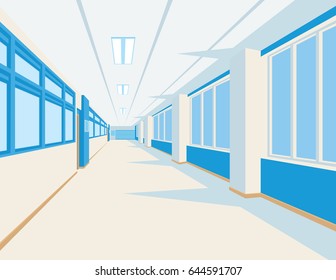 Interior of school hall in flat style. Vector illustration of university or college corridor. Light colors with blue and ocher elements. Scene for your design and artwork. Perspective.