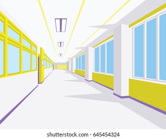 Interior of school hall in flat style. Vector illustration of university or college corridor with windows. Light colors with yellow elements. Scene for your design and artwork. Perspective.