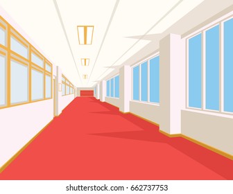 Interior of school hall with red floor, windows and columns. Vector illustration. Corridor of college or university. Simple perspective view of empty space. Scene for your artwork or design.