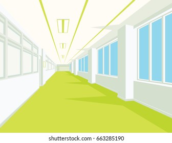 Interior of school hall with yellow floor, windows and columns. Vector illustration. Corridor of college or university. Simple perspective view of empty space. Scene for your artwork or design.