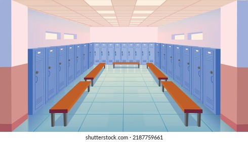 Sala de la escuela del interior con taquillas y bancos cerrados. Vestidor deportivo. Escuela vacía o pasadizo universitario. Ilustración de dibujos animados.