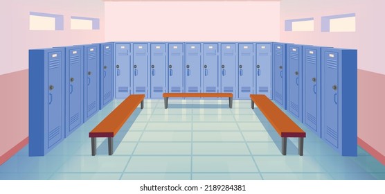 Sala de la escuela del interior con taquillas y bancos cerrados. Vestidor deportivo. Escuela vacía o pasadizo universitario. Ilustración de dibujos animados.