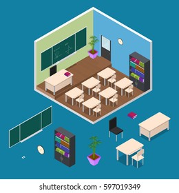 Interior School or University Classroom with Element Furniture Isometric View. Vector illustration