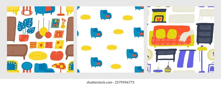 Interior seamless patterns set. Cute hand drawn doodle house furniture inside items repeatable pattern with table, clock, lamp, bedside table, sofa, fireplace, curtains, shelf, wall picture. Modern ro