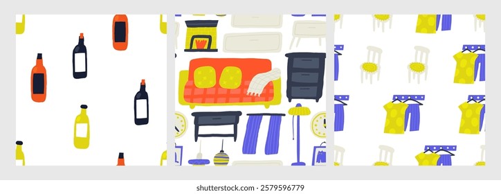 Interior seamless patterns set. Cute hand drawn doodle house furniture inside items repeatable pattern with clothes holder, dress, trousers, fashion clothing, hanger, cloth. Modern room background