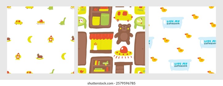 Interior seamless patterns set. Cute hand drawn doodle house furniture inside items repeatable pattern with obed, wooden toy, wardrobe, cabinet, car toy, cactus, window, curtains, book cabinet. Modern