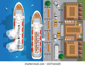 The interior of the seaport. View from above. Vector illustration.