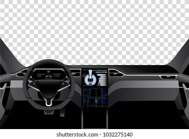 Interior Of Self Driving Car With Information Display. Vector Illustration