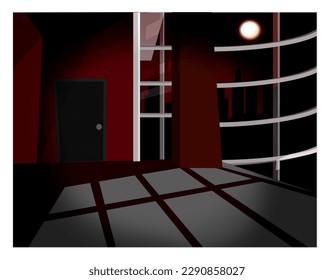 El interior de un apartamento semi-oscuro con una vista exterior de la ciudad con un cielo nocturno rojizo con luna llena. Diseño interior. Ilustración vectorial.