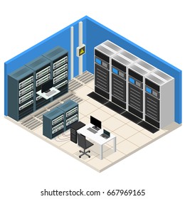 Interior Server Room Isometric View Computer Technology Data Center System Communication Equipment. Vector illustration