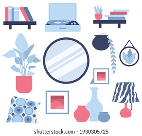 Interior. Un conjunto de accesorios para la casa: plantas, lámpara, estante, espejo, cuadros, jarrón, almohada y reproductor de discos. Ilustración vectorial plana sobre un fondo blanco.